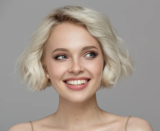 Short, wavy, blonde hair style